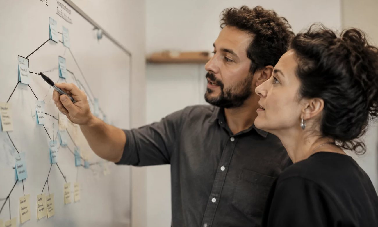 Duas pessoas de pé diante do quadro branco, desenhando o esqueleto de um argumento