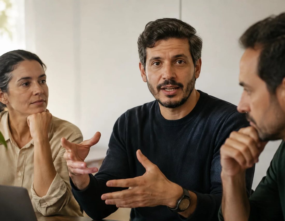 Participantes conversam de pé entre as estantes pouco antes de o encontro começar